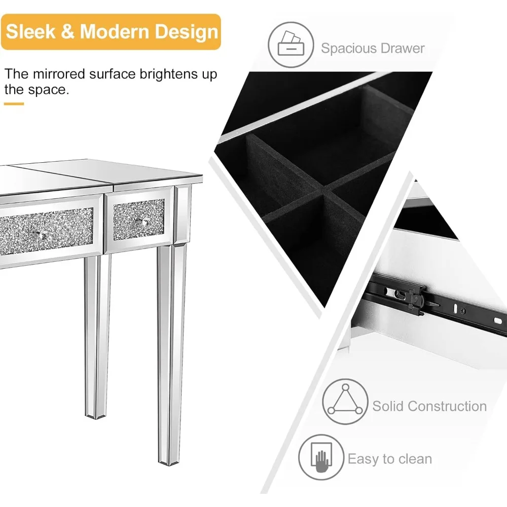 Mirrored Vanity Desk With Drawers and Flip Mirror, Glass Table, Silver Makeup Desk for Bedroom/Makeup Room