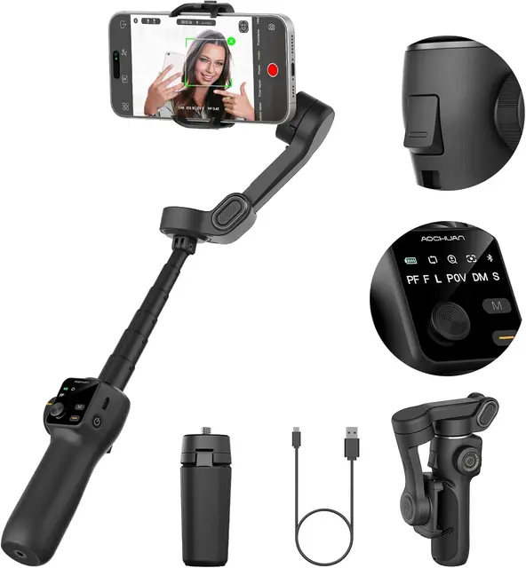 AOCHUAN Smart V8 3-Axis Handheld Gimbal Stabilizer With Extension Rod Tripod Face Tracking for iPhone Android Livestreaming Vlog