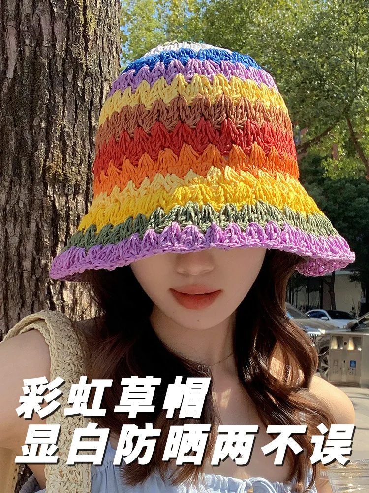 

Women's Summer Hat Rainbow Straw Hat Children Summer Outing Sunscreen Shading Fisherman's Hat Basin Hat Panama Women's Hat