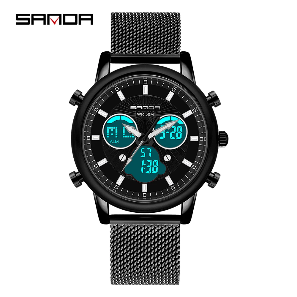 SANDA brand business Sports three eyes double screen with electronic watch Luminous 50 meters waterproof alarm clock motorcycle mini clock stick on waterproof electronic watch moto digital clocks with stopwatch