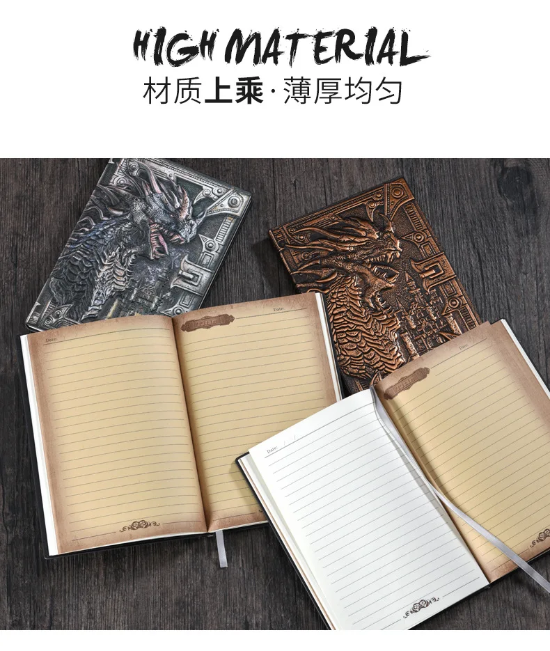 A5-Notizbuch, Retro-Hardcover-Ledereinband mit Drachenprägung, 100 Blatt/Buch, horizontale Linie im Büro-Lerntagebuch QP-04 – Detail 4