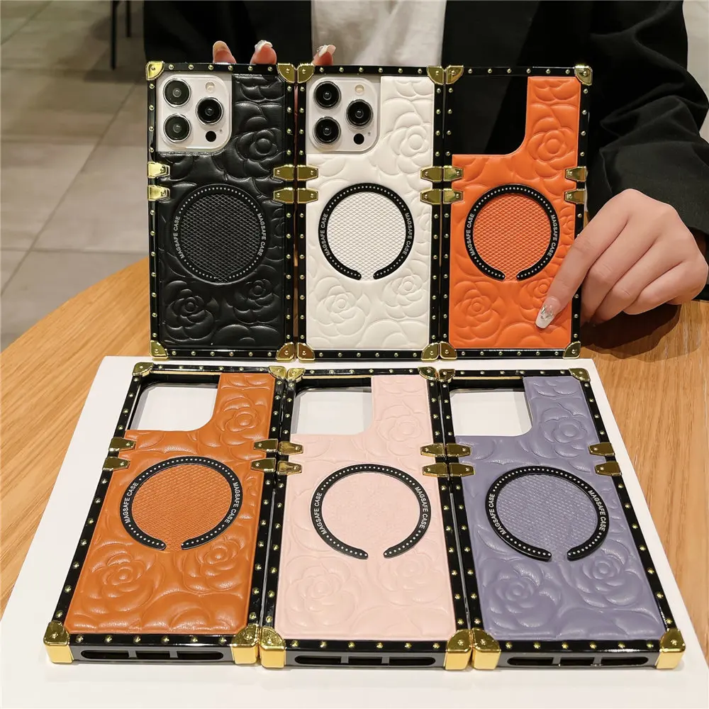 Fashion 3D Flower Leather Plating Square Case For Magsafe iPhone 13 14 Plus 12 11 15 Pro Max Wireless Charging_voghion.com