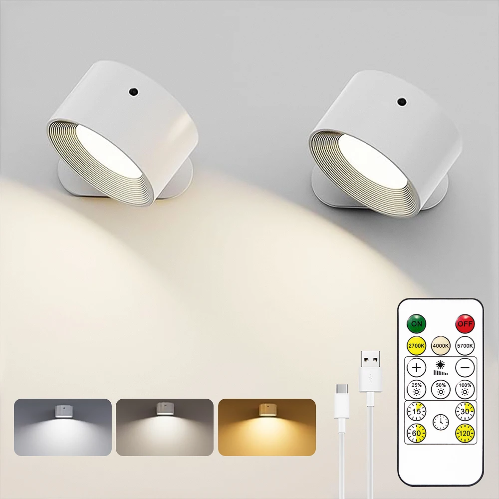 LED Magnetic Wall Sconce Lights, USB Rechargeable Wall Mounted Lights with Remote, 3 Lighting Colors and Dimmable, 360° R