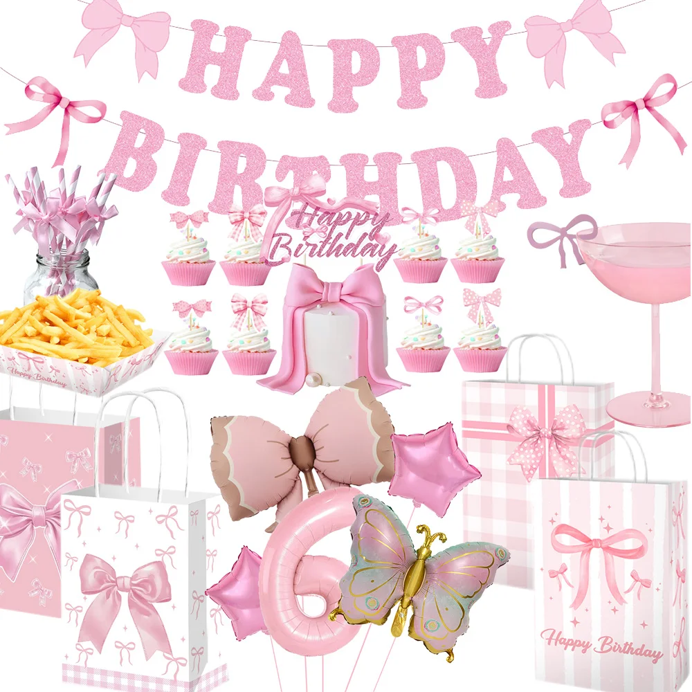 Pink Bow Party Decor Set - Includes Banner, Cake Toppers, Straws, Balloons