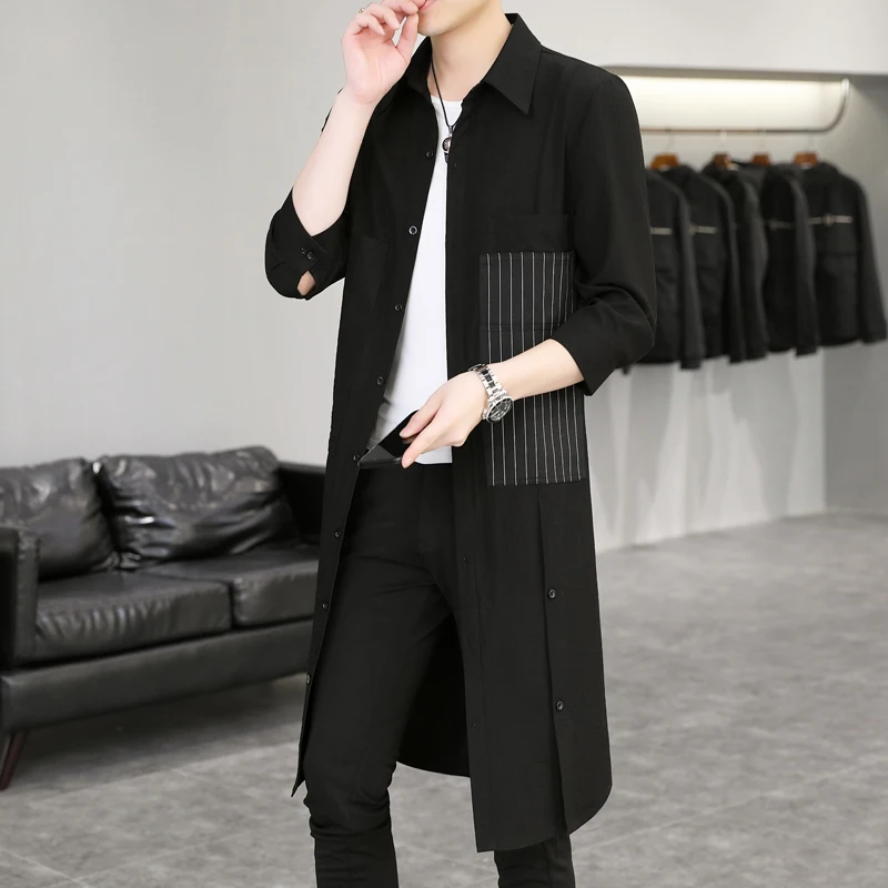 Summer Thin Men's Zipper Casual Cardigan 7/4 Sleeve Trench Coat Pocket Decoration Solid Color Open Front Korean Style
