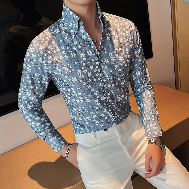 

2023 New Arrival Men Floral Shirt Men Long Sleeve Korean Slim Fit Casual Business Dress Shirts Spring Breathable Shorts Y30