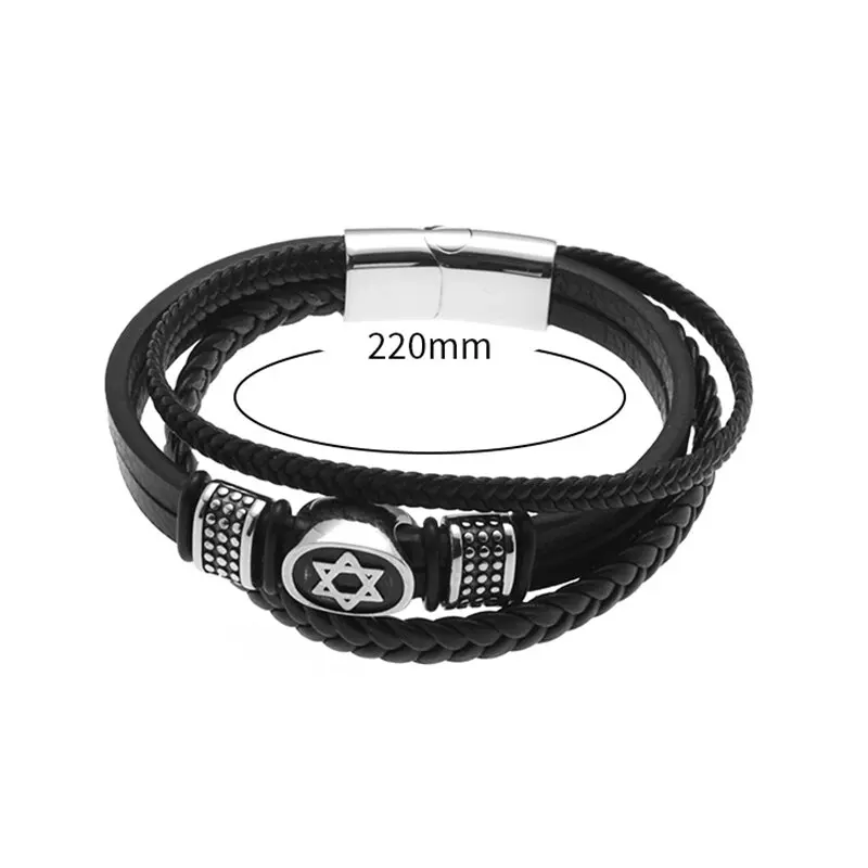 European and American Fashion Stainless Steel Star of David Multilayer Leather Braid Bracelet Men's Charm Amulet Jewelry bracelet jewelry