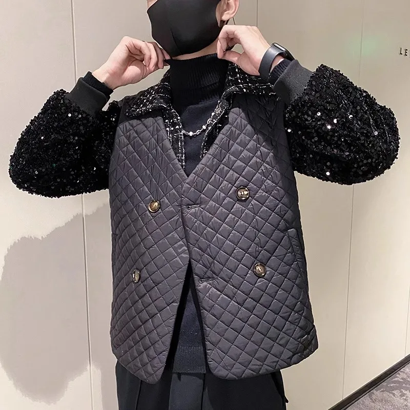 

Luxury Sequin Decoration Fake Two-piece Jacket Men 2024 Spring Loose Casual Double Breasted Coat Social Streetwear Men Clothing