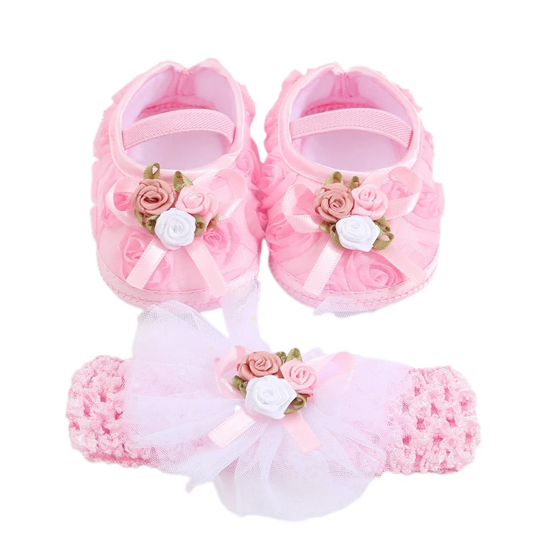 

Baby Girls Casual Princess Shoes, Soft Sole Flower Crib Shoes Elastic Band Non-slip Toddler Shoes with Headband Shower Favors