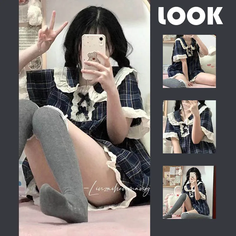 

Plaid Sleepwear Women Pajama Set Korean Short Sleeve Piiama Summer Set 2 Pieces Lace Night Wear Button Sleeping Bow Home Suit