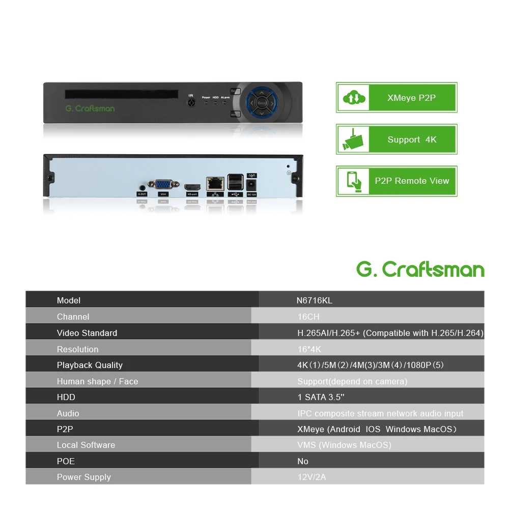 XMeye 16ch 4K NVR Face Recognition H.265+ Onvif Network Video Recorder 1 HDD 24/7 Recording IP Camera Onvif P2P System Network Video Recorder