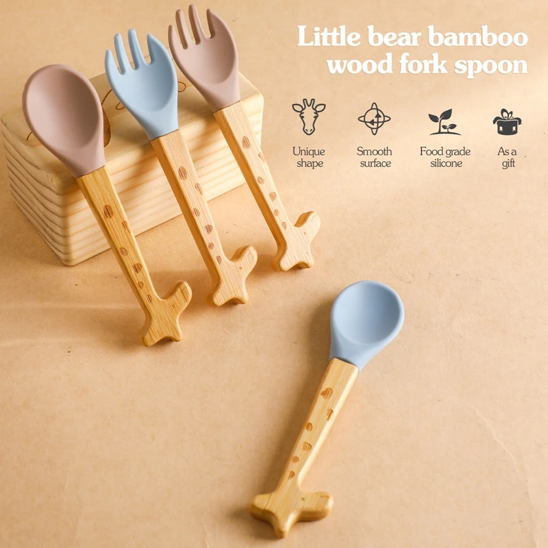 2PCS Baby Bamboo Fork Silicone Wooden Baby Feeding Spoon Toddlers Infant Feeding Accessories Organic BPA Free Food Grade Gift 5