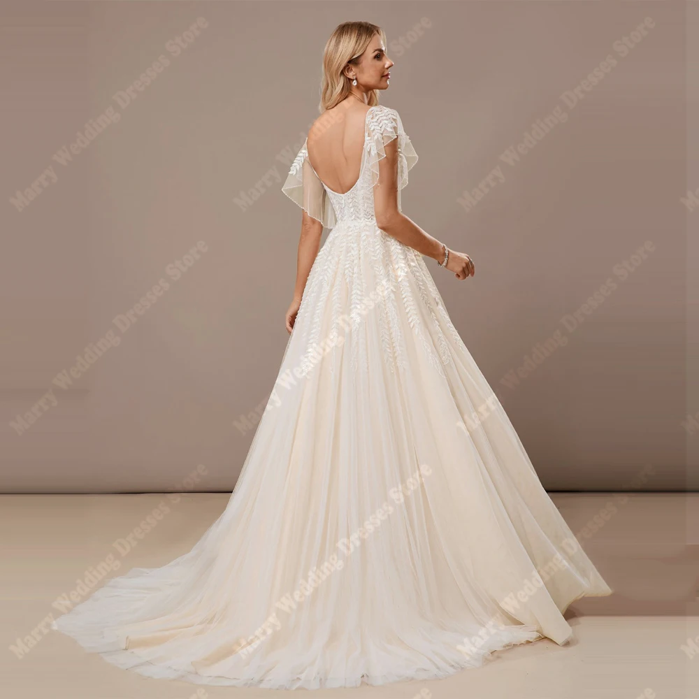 Fascinating Women Wedding Dresses Sexy V-Neck A-Line Tulle Bride Gowns Mopping Length Backless Banquet Robe De Mariée Customized - 4