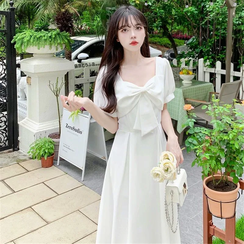 

Summer New French Retro Square Collar Senior White Dress Korean Version Of Simple Commuter Splicing Short Sleeve A-Line Dress