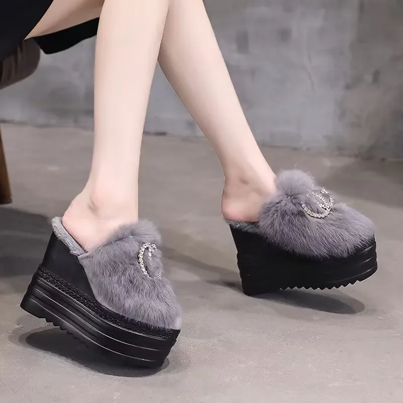 Inside Increase Thick Bottom Muffin Fluffy Half Slippers Female Autumn Winter Outside Wear Wedge High Heel Slippers 13cm Zapatos