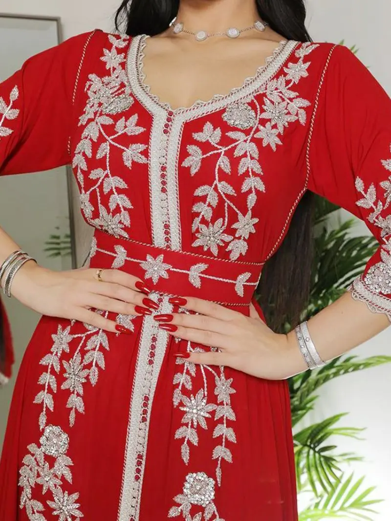 Embroidered Red Kaftan Gown Evening Dress Dubai Caftan Abaya Dress U-neck 5/4 Sleeve Long Skirt
