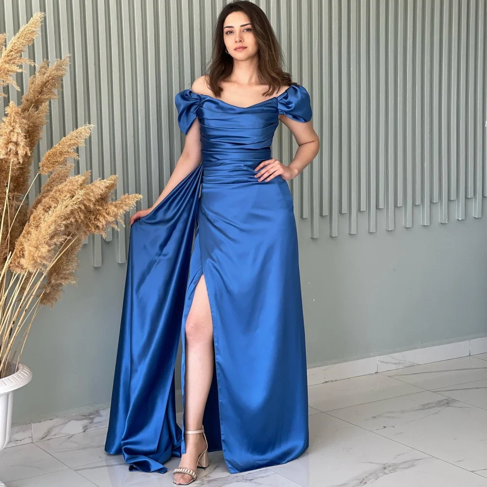 

Off the Shoulder Floor Length Short Sleeves Satin Ruched High Split Evening Formal Occasion Ruched Dresses Party Women Gown 2023