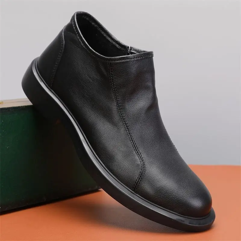 Vintage Genuine Leather Men's Casual Shoes Summer Perforated Roud Toe Thick Bottom Loafers British Style Side Zip Disnger Flats