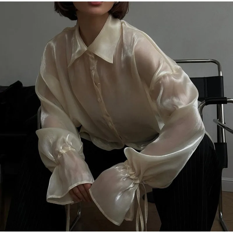 Camisas vintage lisas con mangas acampanadas y cuello alto para mujer, elegantes camisas con solapa y botonadura sencilla con cordones, blusas elegantes de calle para mujer