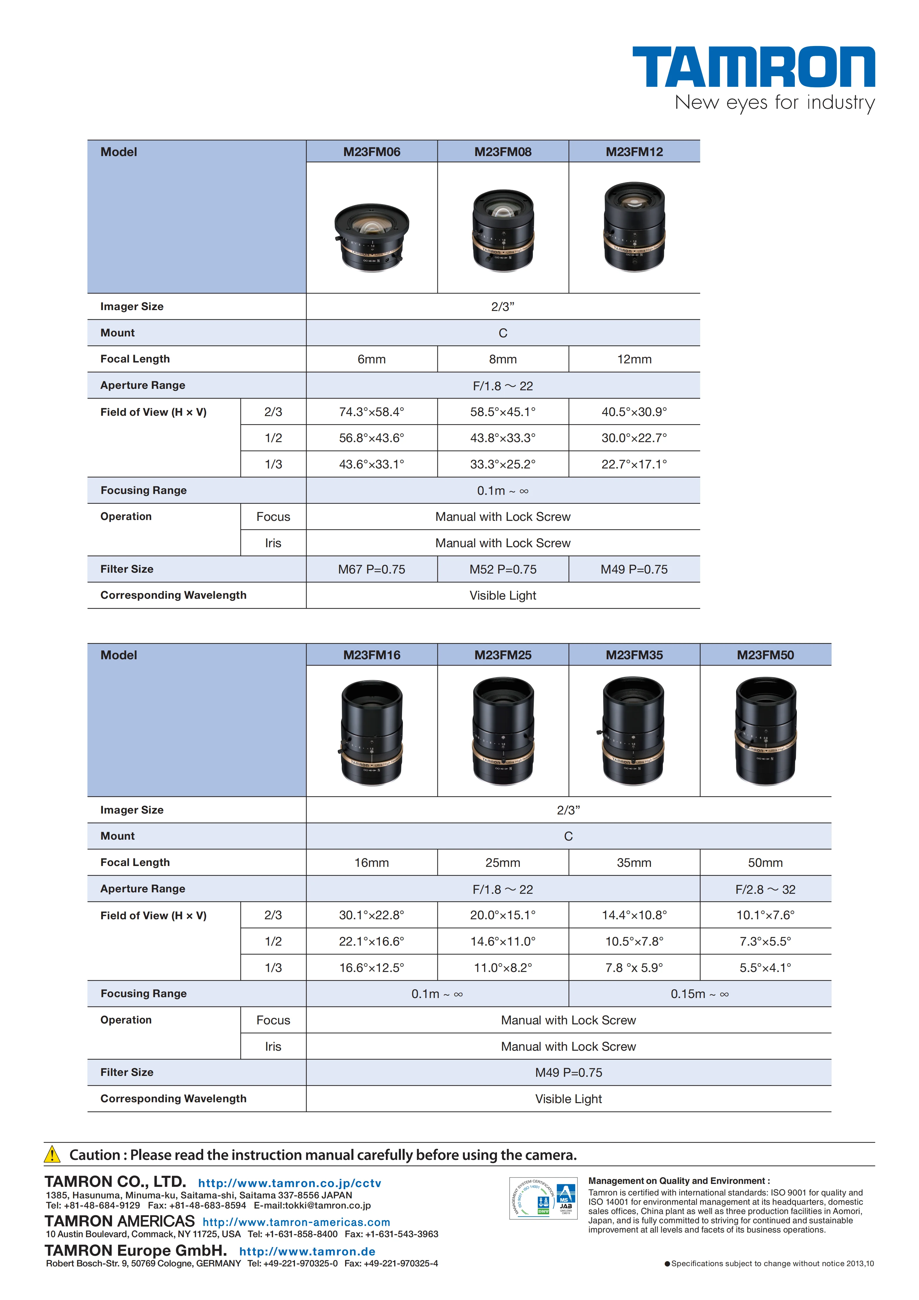 2.5μm 픽셀 피치 2/3″ 초고해상도 고정 초점 렌즈 시리즈 f=16mm F/1.8 (모델: M23FM16) TAMRON