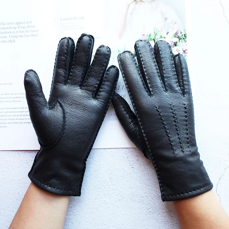 Women's Deer Skin Touch Screen Genuine Leather Gloves With Wool Lining For Autumn and Winter Warmth Motorcycle Riding Gloves