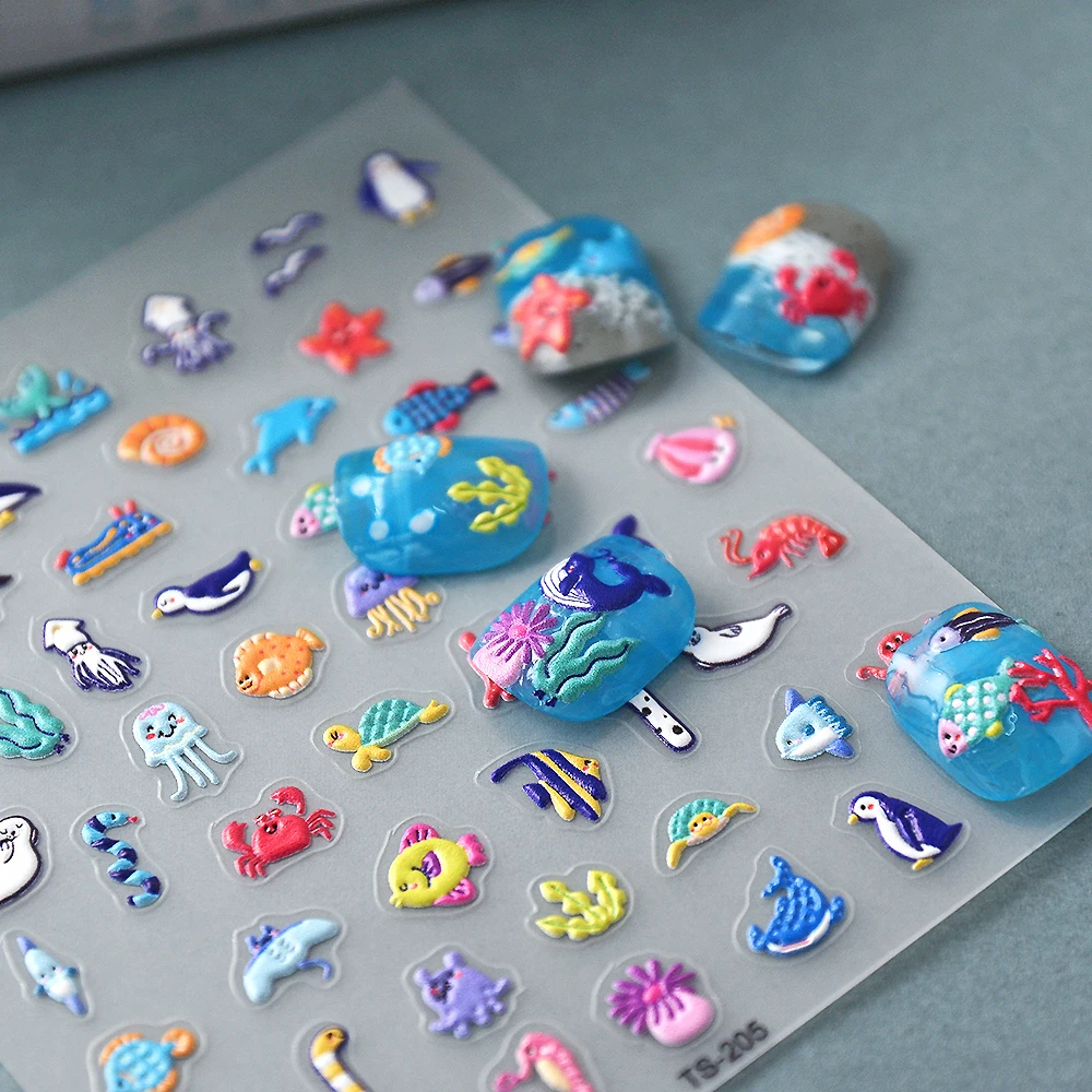 Sea Animals 5D Nail Stickers Ongle Nail Supplies Fake Nail Tapes Embosses Decals 4