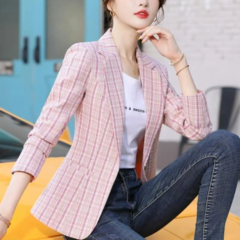 Fashion Loose Button Spliced Pockets Lattice Blazer Women's Clothing 2023 Autumn New Oversized Casual Tops Office Lady Blazers