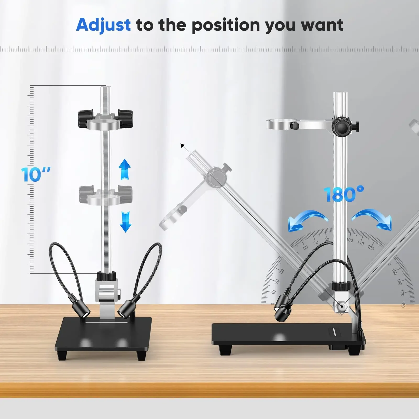 TOMLOV Microscope Base With LED Lights Universal Adjustable Aluminium Alloy Stand Holder For Digital Microscopes Diameter 1.4"