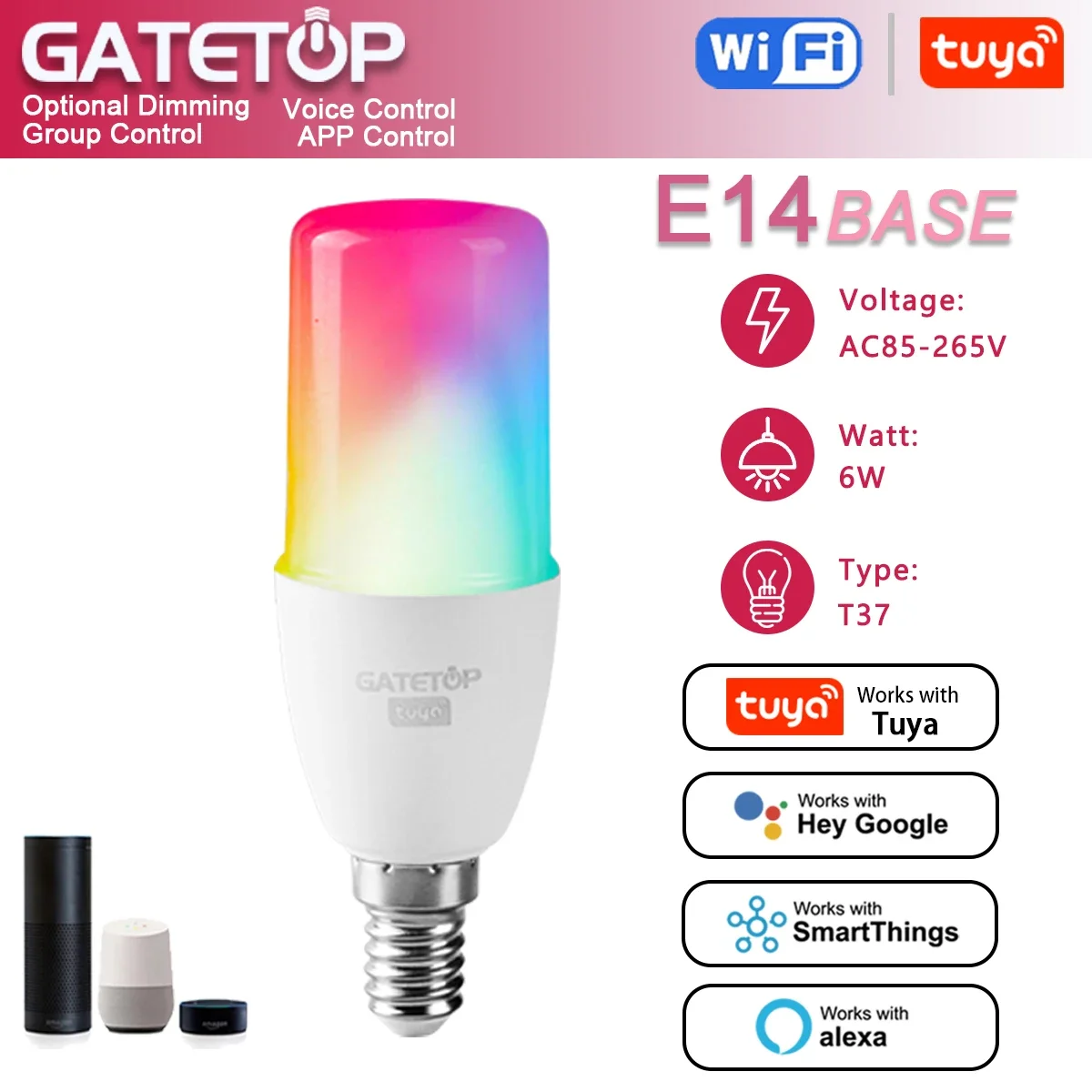 Matter-bombilla inteligente, T37 E14 6W Tuya RGB Led con Wifi,AC 110V 85V-265V,para Google Assisatnt Smart Life,หรี่แสงได้ 1