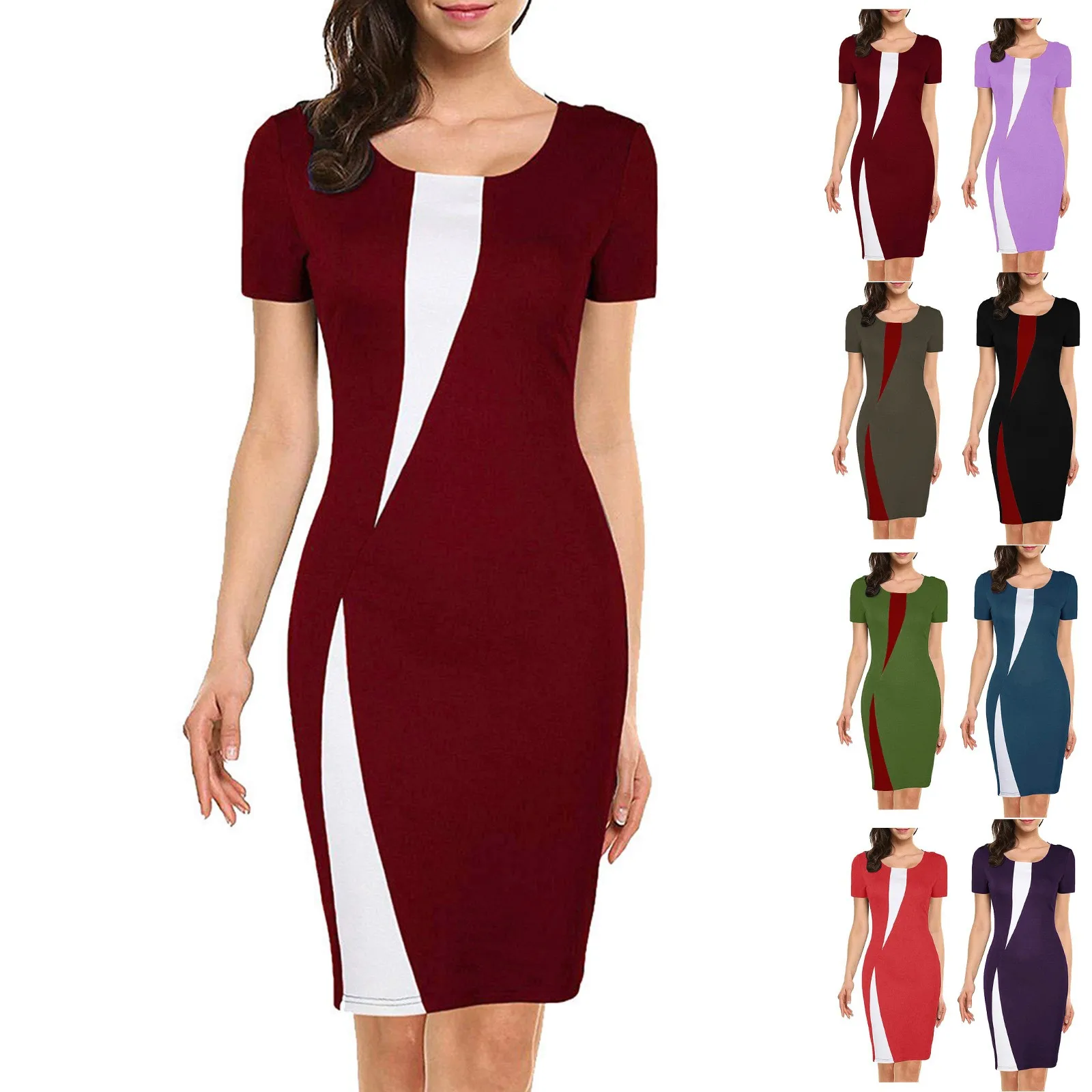 

Sexy Color Blocking Tunic Shirts Women Summer Stretch Slim Pencil Dress Evening Party Dress Short Sleeve Casual Elegant Vestidos