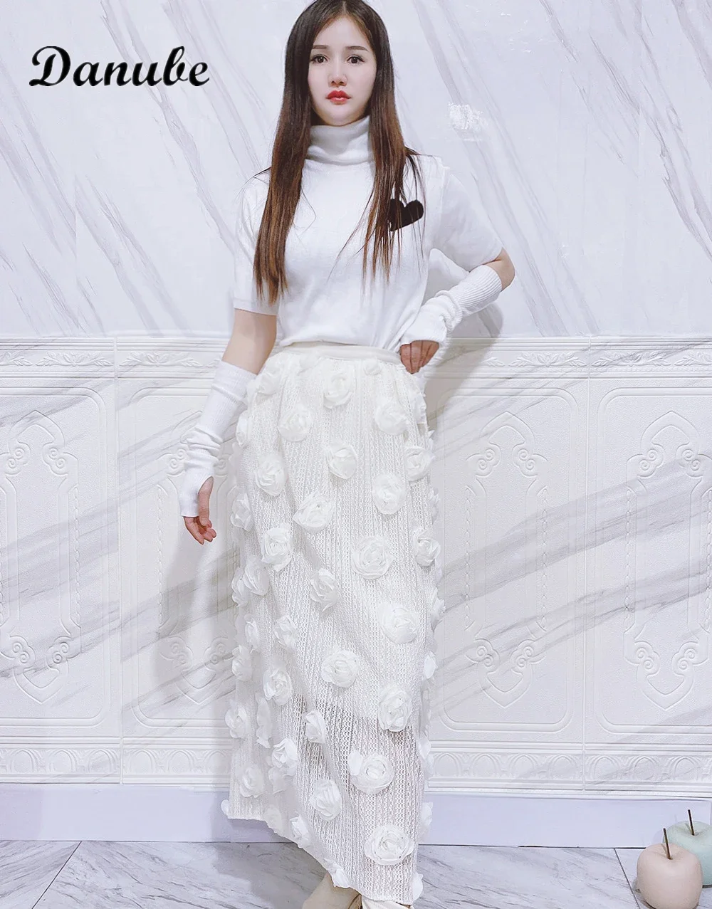 Lace Flower Mesh Skirt Elegant Design 3D Flower Tulle Long Skirt