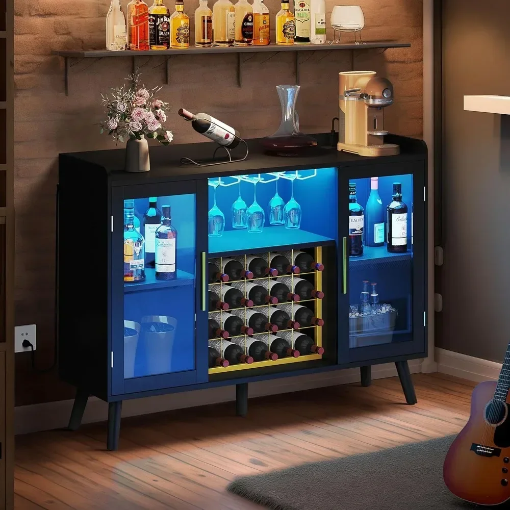 Wine Bar Cabinet With Led Lights & Power Outlets, 53" Coffee Bar Cabinet For Liquor And Glasses, Modern et Sideboard With