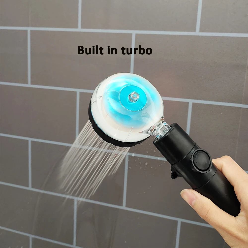 3/7 Colors Changes Led Shower Head Turbo Fan Propeller Filtered Showerhead High Pressure One Key Stop SPA Bathroom Accessories
