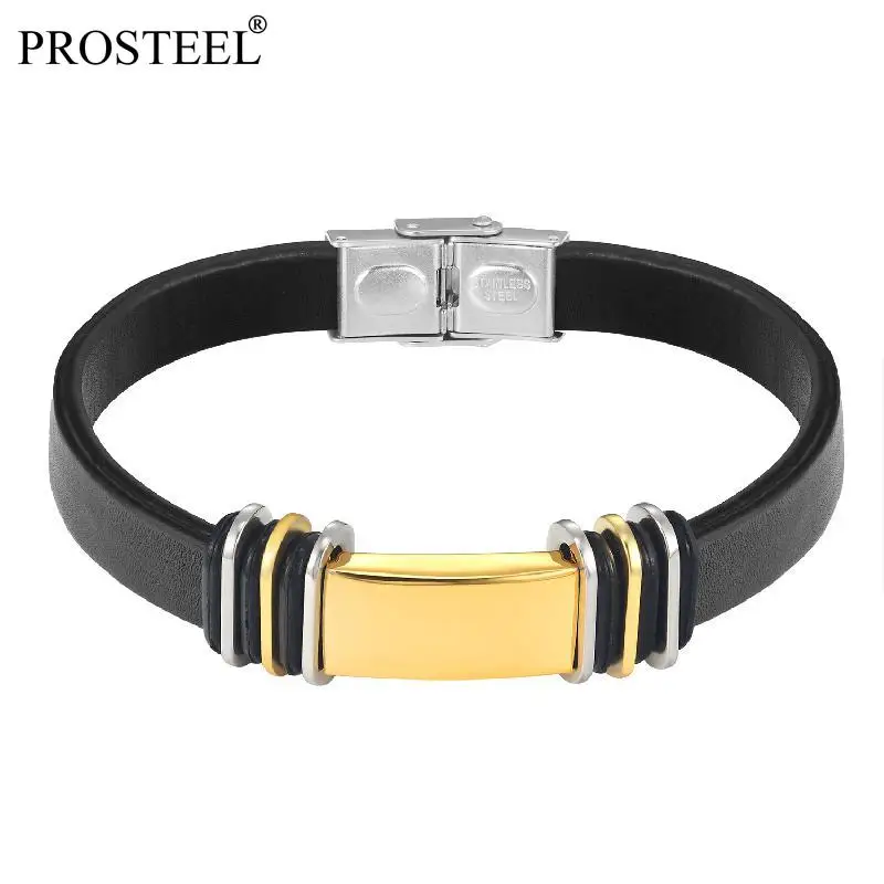 

PROSTEEL Rock Genuine Black Leather Bracelets Bangles for Men Boy Fashion Jewelry with Foldover Clasp PSH2686J