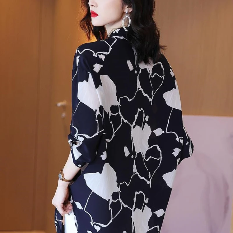 2024 Summer New Loose Large Size Printed Shirt Women's 3/4 Sleeves Covering Hips and Belly Middle Length Fashion Casual High End
