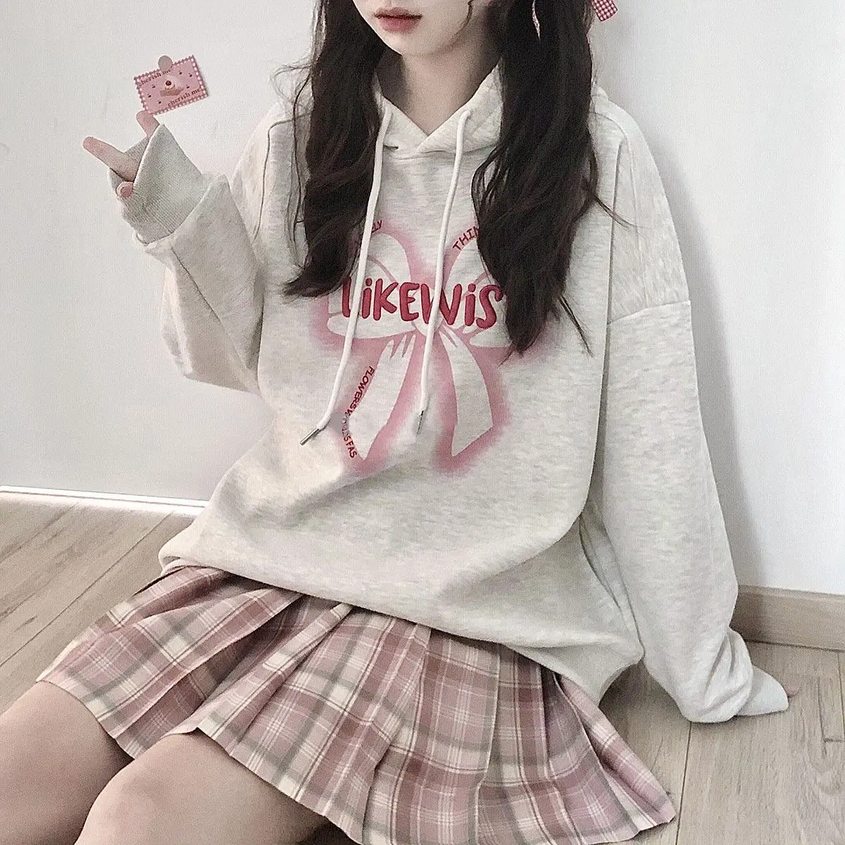Gothic Loose Hooded Women Pullover Fashion Printed Long-sleeved Ladies Blouse Autumn Winter Outdoor Leisure Sweatshirt Bow Tie