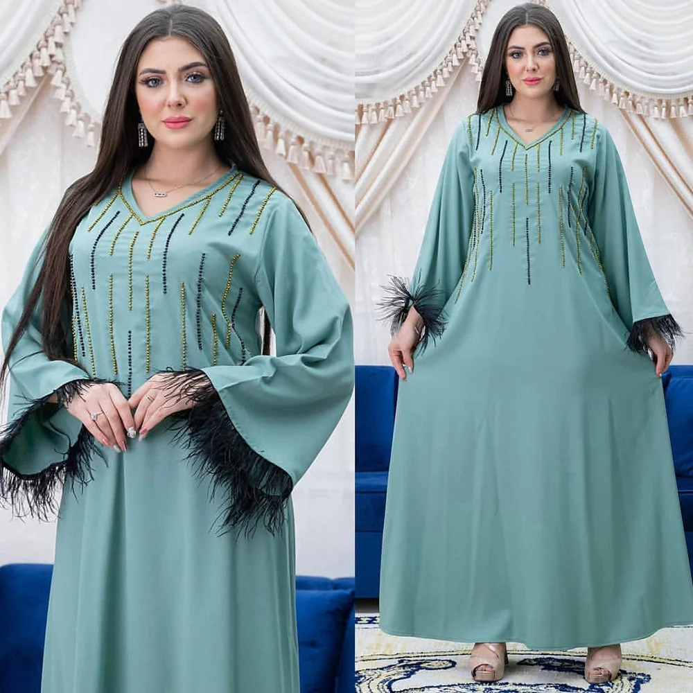 

Kaftan Abaya Women's Robe Ethnic Diamond-encrusted Feather Cuff Dresses Dubai Muslim Fashion Casual Loose Ladies Evening Gown