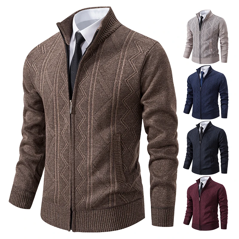 Thickened jacket men's autumn and winter warm trend line stand collar knitted cardigan sweater coat 5