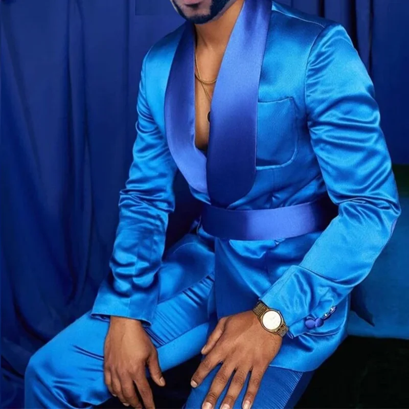 Fashion Italian Silver Men Suits Satin Slim Fit Royal Blue Shiny Groom Prom Wedding Tuxedo Tailored Blazer Sets Costume Homme