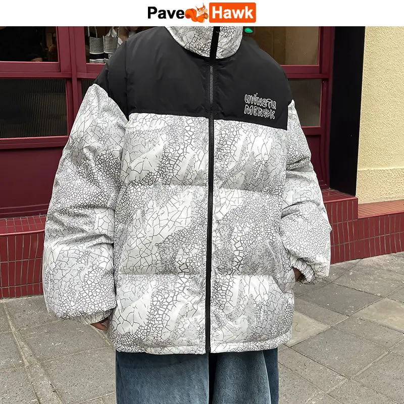 

Winter Padded Jacket Men Thicken Patchwork Streetwear Harajuku Zipper Coat Autumn Winter Loose Leaf Print Bomber Jackets Unisex