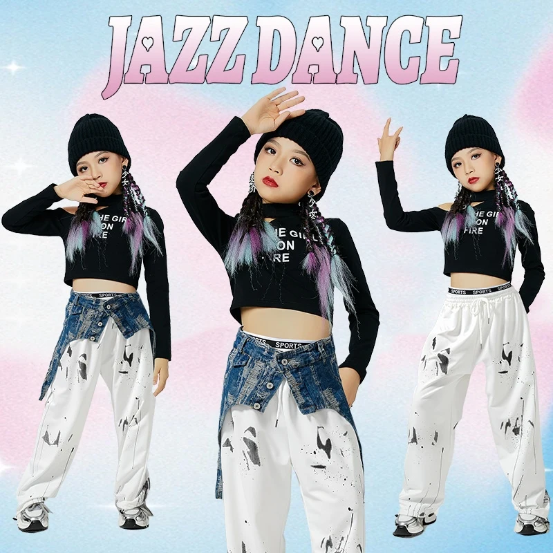 

Ballroom Hip Hop Dance Costumes For Kids Black Crop Tops White Loose Pant Suit Girls Jazz Performance Stage Clothing DQS15158