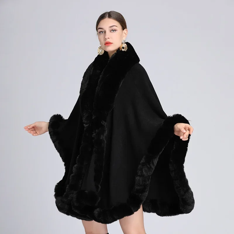 

Europe America New Imitation Otter Rabbit Fur Collar Hooded Imitation Cashmere Loose Ponchos Women Capes Black Cloak
