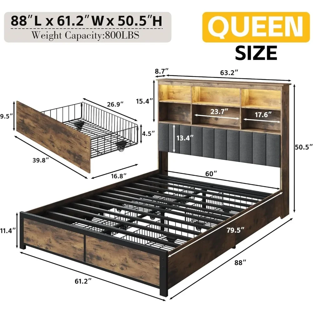 Description Picture 3 of itemQueen Bed Frame with Headboard, Queen Bed Frame with High Storage Bookcase Headboard,4 Storage Drawers & Charging Stati