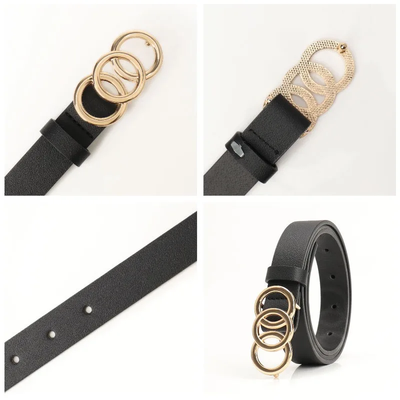 Korean Style Triple-Loop Buckle Belt for Women - Adjustable Waistband for Jeans & Outerwear, Ins Fashion Minimalist Accessory