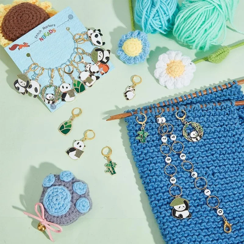 1 Pcs Panda Knitting Row Counter Chains and 16 Pcs Panda Stitch Markers Alloy Enamel Stitch Marker for Knitting Weaving Sewing