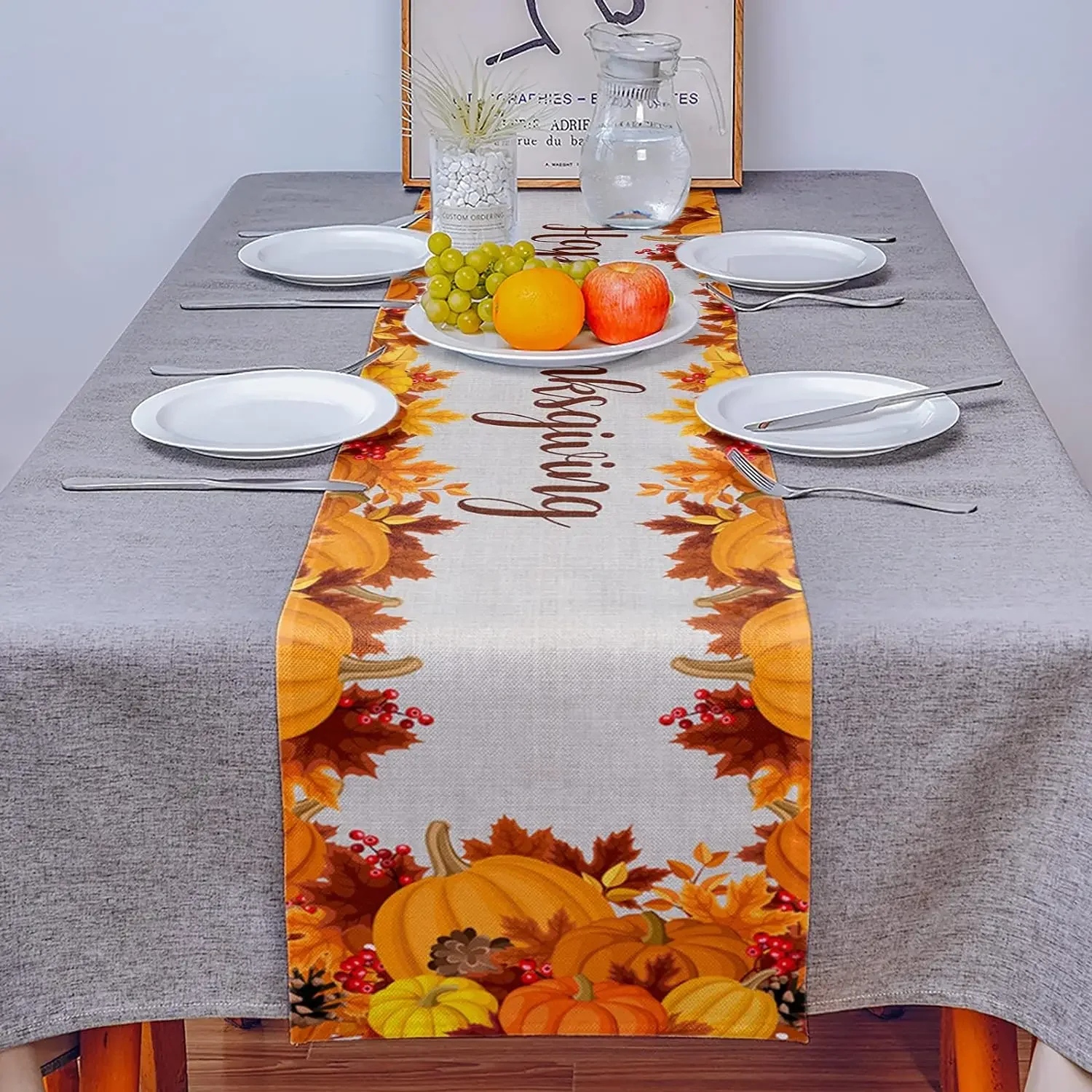 Description Picture 4 of itemAutumn Pumpkin Maple Leaf Linen Table Runner Washable Fall Thanksgiving Table Runners Holiday Kitchen Party Dining Table Decor