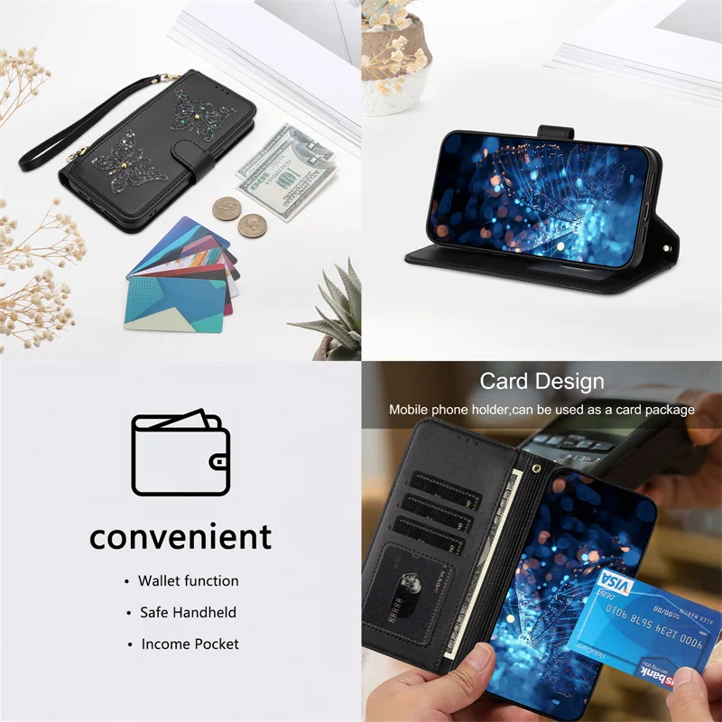 Wrist Strap Flip Leather Phone Case with Zipper Wallet and Card Holder