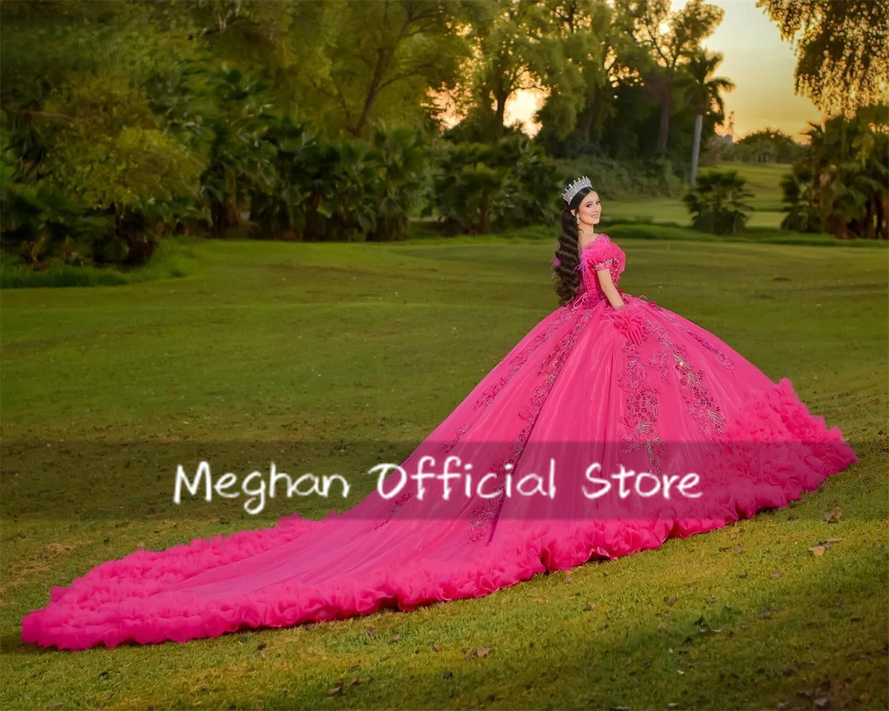 Fuchsia Off Shoulder 3D Flower Quinceanera Dress Bead Applique Birthday Luxury Dress Feather Tiered Ruffles Gown Customized