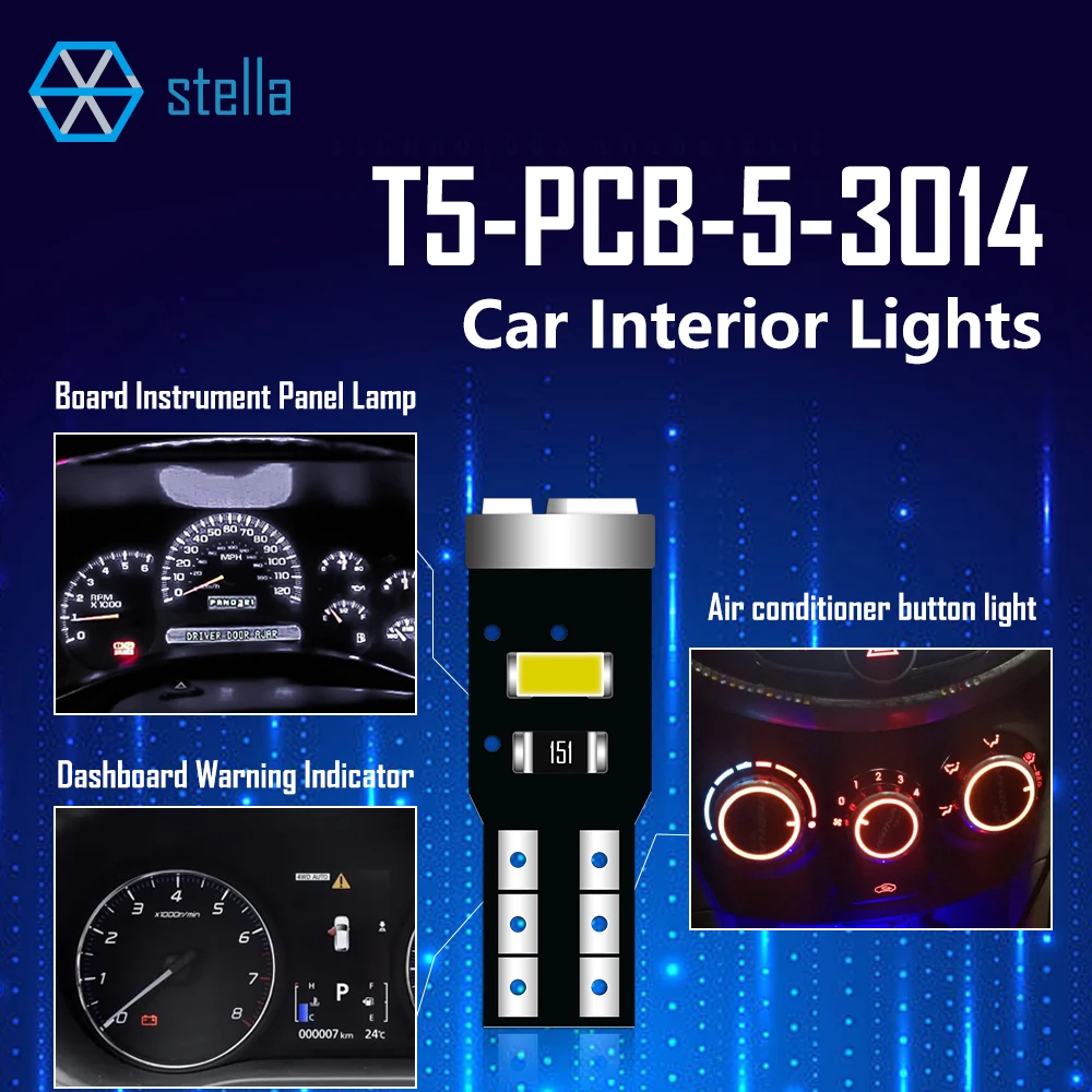 스텔라 10pcs LED T5 전구 W3W W1.2W 74 286 Canbus 자동차 신호등 대시 보드 경고 표시기 5*3014SMD 6000k 백색광 12V