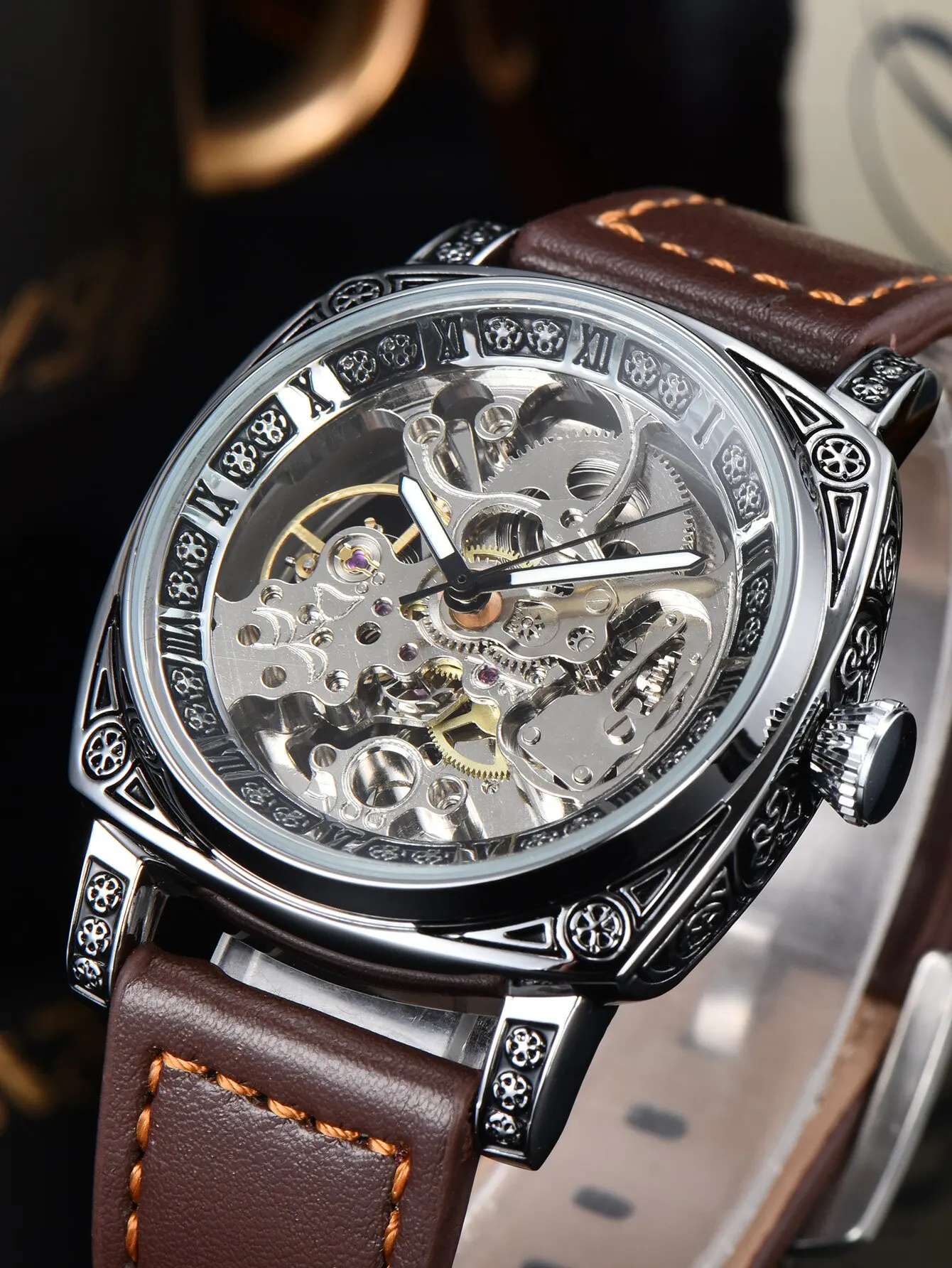 Men Automatic Watch Retro Style Mechanical Watches Skeleton Carve Waterproof Leather No Logo Mens Watch Boyfriend's Gift, Alina Gadgets